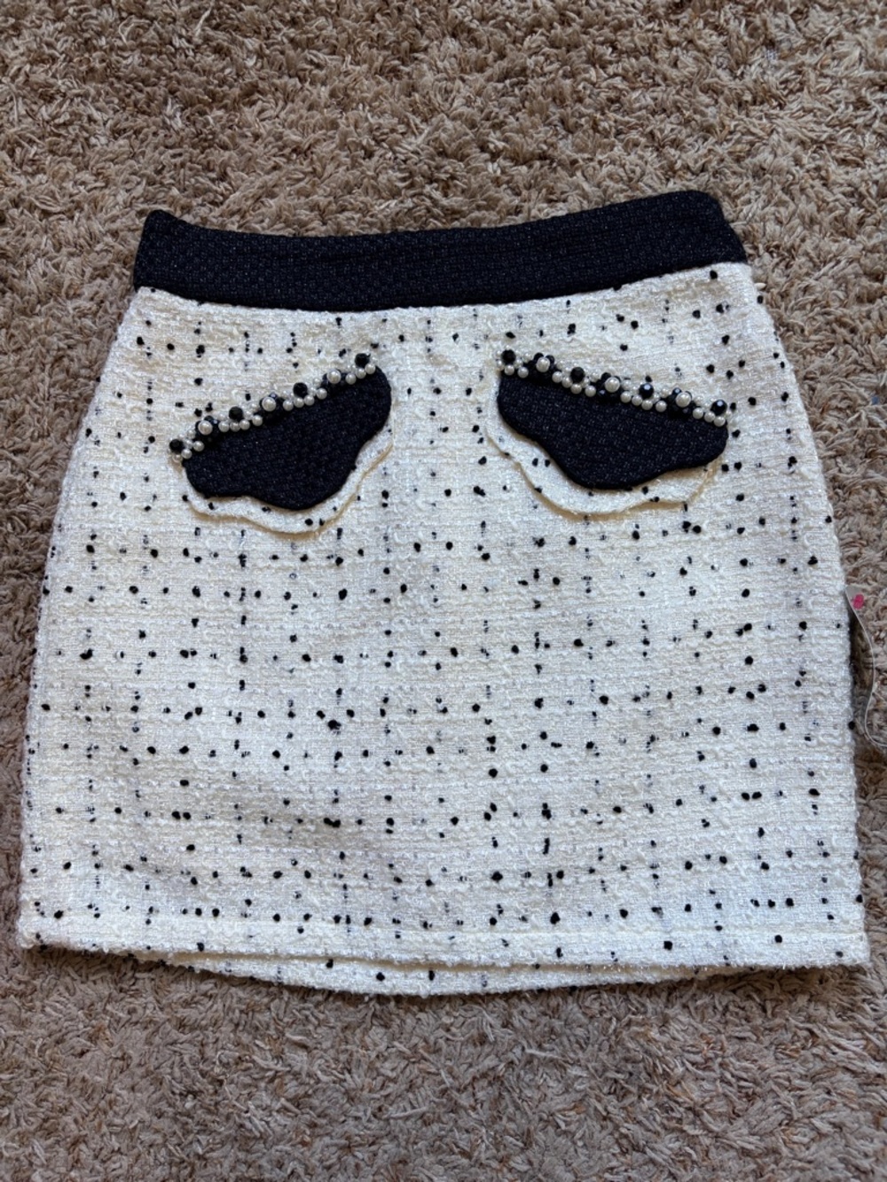 Sister Jane DREAM Women's Cream Tweed Mini Skirt with Black Pearl-Trim Pockets